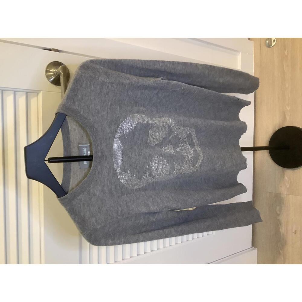 Zadig & Voltaire Grey Rhinestone Skull Distressed Cashmere Lighweight Sweater S